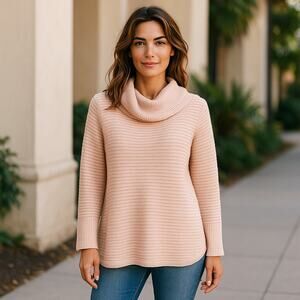 Calvin Klein Womens Sweater Size Medium Pink Metallic Gold Cowl Neck Ribbed Knit